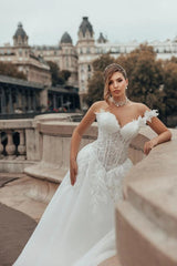 White A-Line Wedding Dress Off Shoulder Sweetheart 3D White Feather Floral Applique Shoulder Sheer Illusion Boned Corset White Baroque Scroll Vine Lace Embroidery Rhinestone Waist Belt All-Over Floral Lace Tulle Cathedral Train Bridal Gown