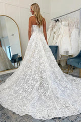 White A-Line Wedding Dress Strapless Sweetheart Illusion Boned Corset Bodice Allover Chantilly Floral Lace Cathedral Train Bridal Gown