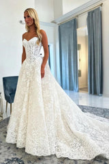 White A-Line Wedding Dress Strapless Sweetheart Illusion Boned Corset Bodice Allover Chantilly Floral Lace Cathedral Train Bridal Gown