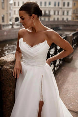 White A-Line Wedding Dress Strapless Sweetheart Ruched Corset Bodice High Slit Sequin Lace Underskirt Lace-Up Back Organza Bridal Gown