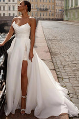 White A-Line Wedding Dress Strapless Sweetheart Ruched Corset Bodice High Slit Sequin Lace Underskirt Lace-Up Back Organza Bridal Gown