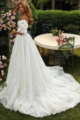 White Allover Vine Lace A-Line Wedding Dress Off-the-Shoulder Plunge Sweetheart Sheer Illusion Bodice Detachable Ruffle Puff Sleeves 3D Floral Cuff 3D Flower Waist Brooch Cathedral Train Bridal Gown
