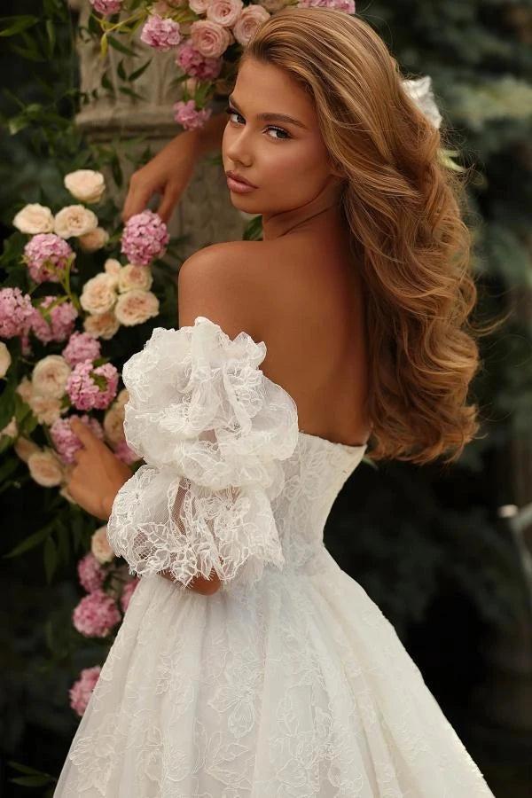 White Allover Vine Lace A-Line Wedding Dress Off-the-Shoulder Plunge Sweetheart Sheer Illusion Bodice Detachable Ruffle Puff Sleeves 3D Floral Cuff 3D Flower Waist Brooch Cathedral Train Bridal Gown