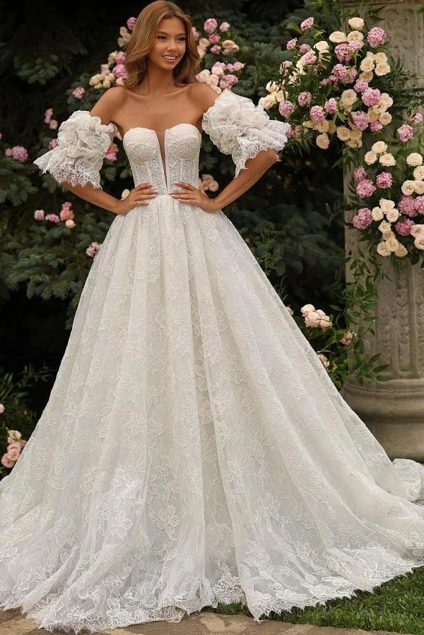 White Allover Vine Lace A-Line Wedding Dress Off-the-Shoulder Plunge Sweetheart Sheer Illusion Bodice Detachable Ruffle Puff Sleeves 3D Floral Cuff 3D Flower Waist Brooch Cathedral Train Bridal Gown