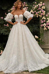 White Allover Vine Lace A-Line Wedding Dress Off-the-Shoulder Plunge Sweetheart Sheer Illusion Bodice Detachable Ruffle Puff Sleeves 3D Floral Cuff 3D Flower Waist Brooch Cathedral Train Bridal Gown