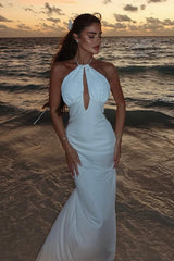 White Beaded Rhinestone Halter Sequined Mermaid Satin Floor Length Formal Evening Gown