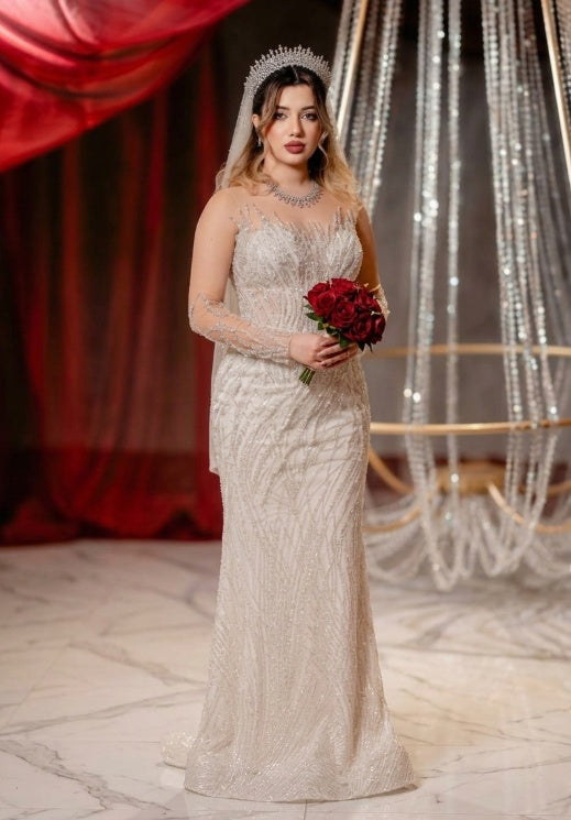 White Beaded Sequin Mermaid Wedding Dress Illusion High Neck Long Sleeve Sparkle Tulle Sweep Train Bridal Gown