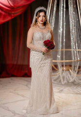 White Beaded Sequin Mermaid Wedding Dress Illusion High Neck Long Sleeve Sparkle Tulle Sweep Train Bridal Gown