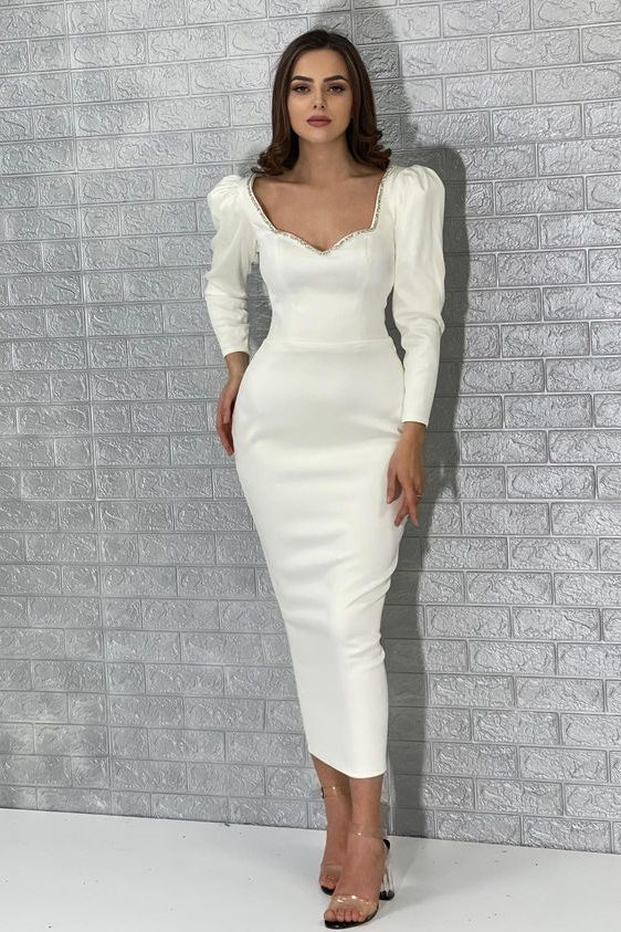 White Beaded Sweetheart Long Sleeve Rhinestone Bodycon Satin Midi Formal Evening Dress