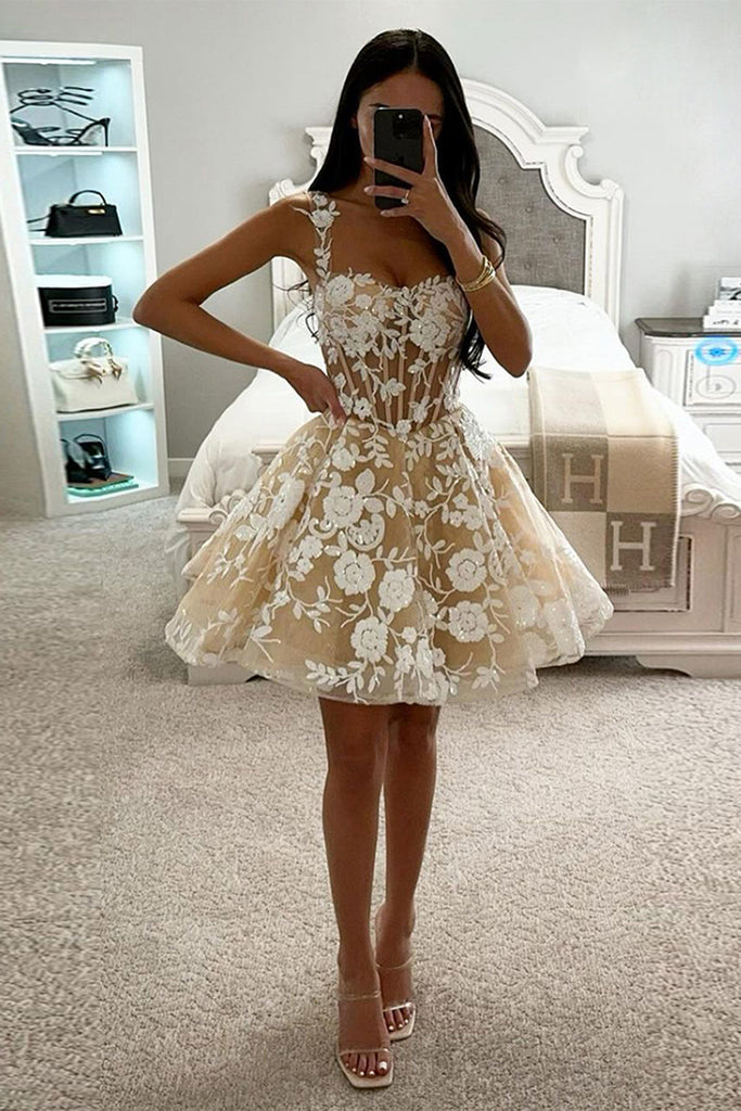 beige short homecoming dresses Floral Off-the-Shoulder Short Homecoming Dress 861 Champagne / XSmall