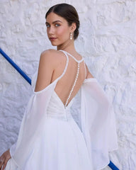 White Chiffon A-line Wedding Dress V-neck Wide Straps Open Back Split Front Detachable Cape Sleeves Chapel Train Bridal Gown