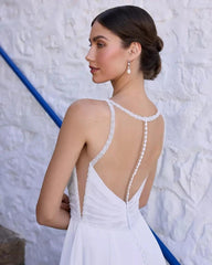 White Chiffon A-line Wedding Dress V-neck Wide Straps Open Back Split Front Detachable Cape Sleeves Chapel Train Bridal Gown