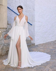 White Chiffon A-line Wedding Dress V-neck Wide Straps Open Back Split Front Detachable Cape Sleeves Chapel Train Bridal Gown