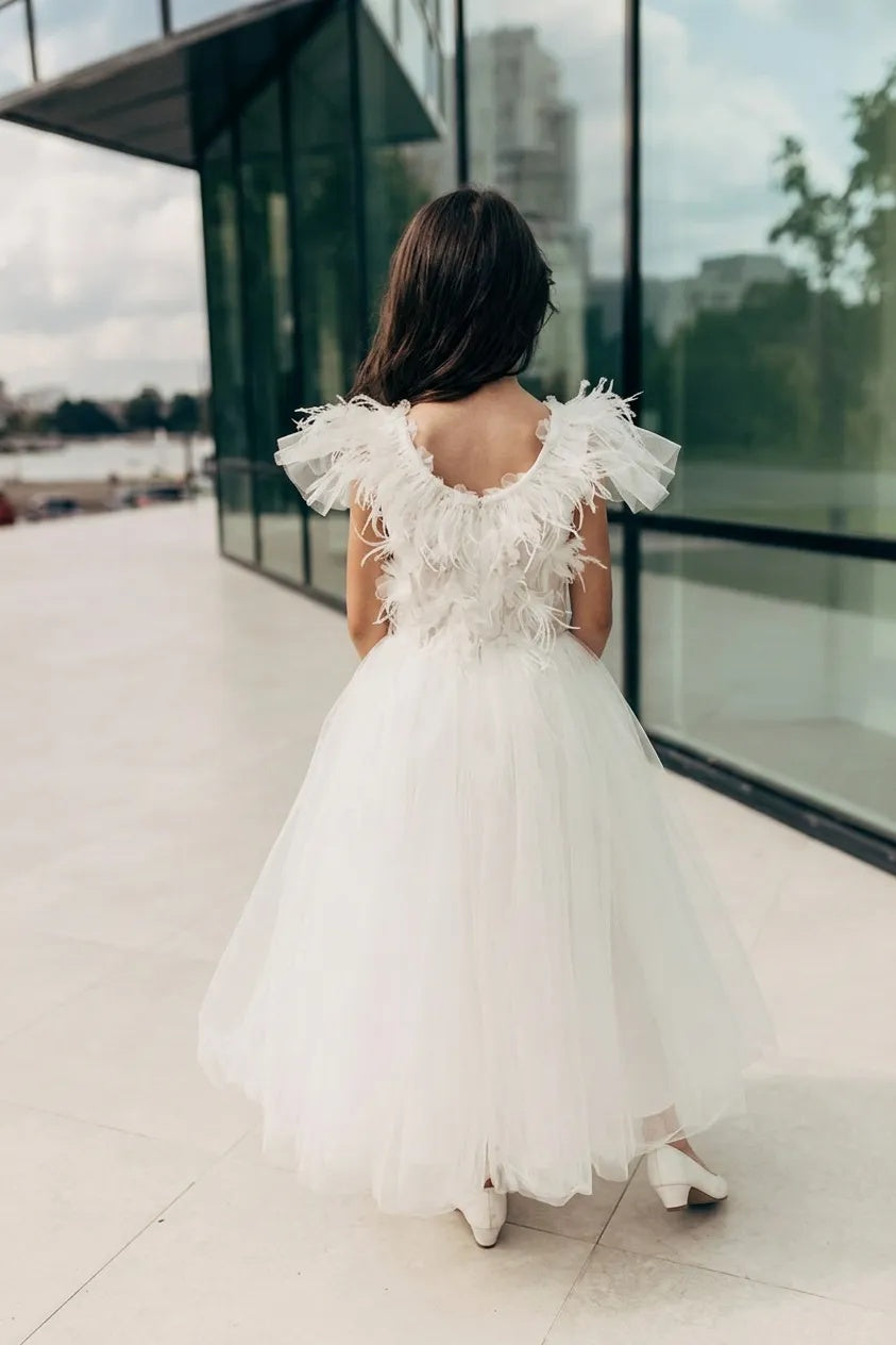 White Feather Tulle Flower Girl Dress Scoop Neck Feather Cap Sleeves A-Line Ankle Length