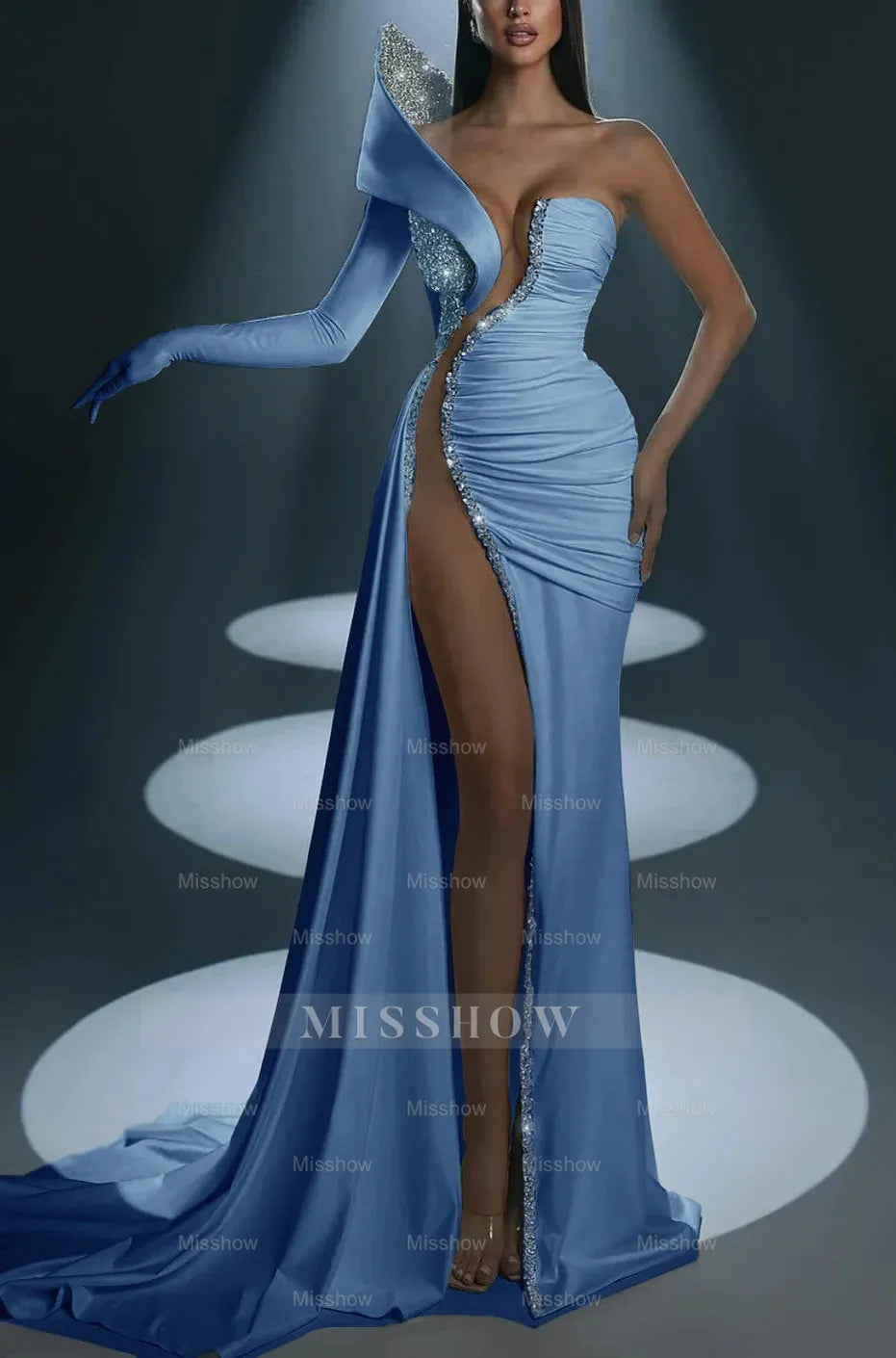 White Formal Dress With Gloves Long Mermaid One Shoulder With High Slit