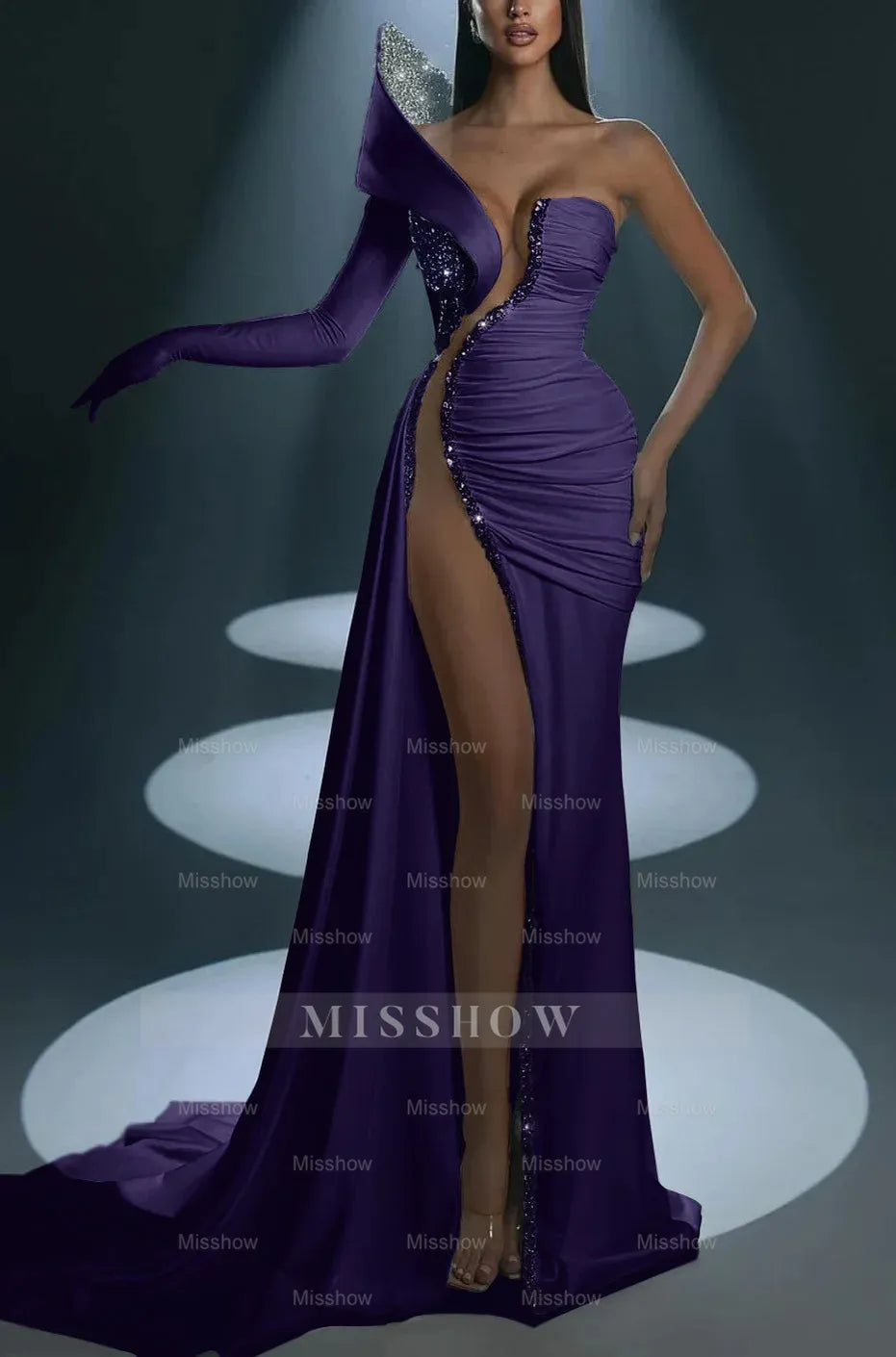 White Formal Dress With Gloves Long Mermaid One Shoulder With High Slit