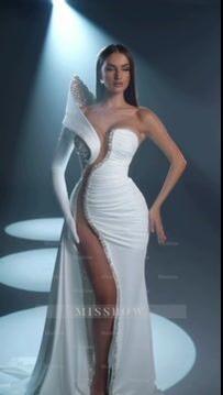 White Formal Dress With Gloves Long Mermaid One Shoulder With High Slit