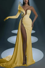 White Formal Dress With Gloves Long Mermaid One Shoulder With High Slit