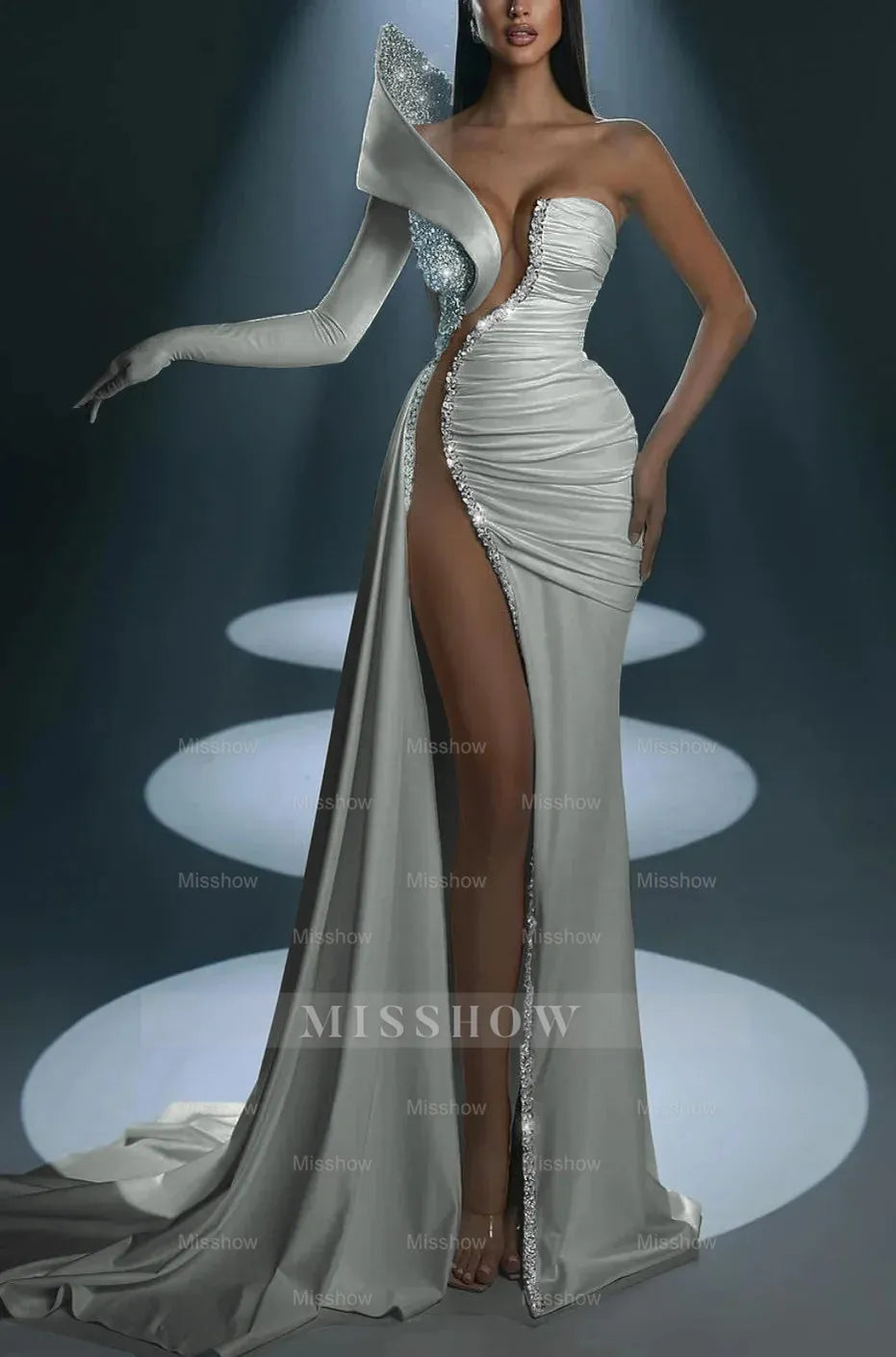 White Formal Dress With Gloves Long Mermaid One Shoulder With High Slit