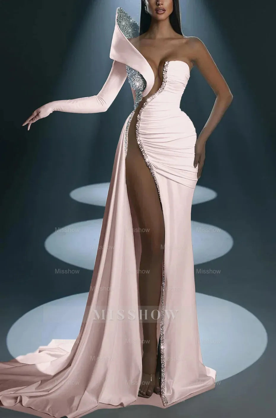 White Formal Dress With Gloves Long Mermaid One Shoulder With High Slit
