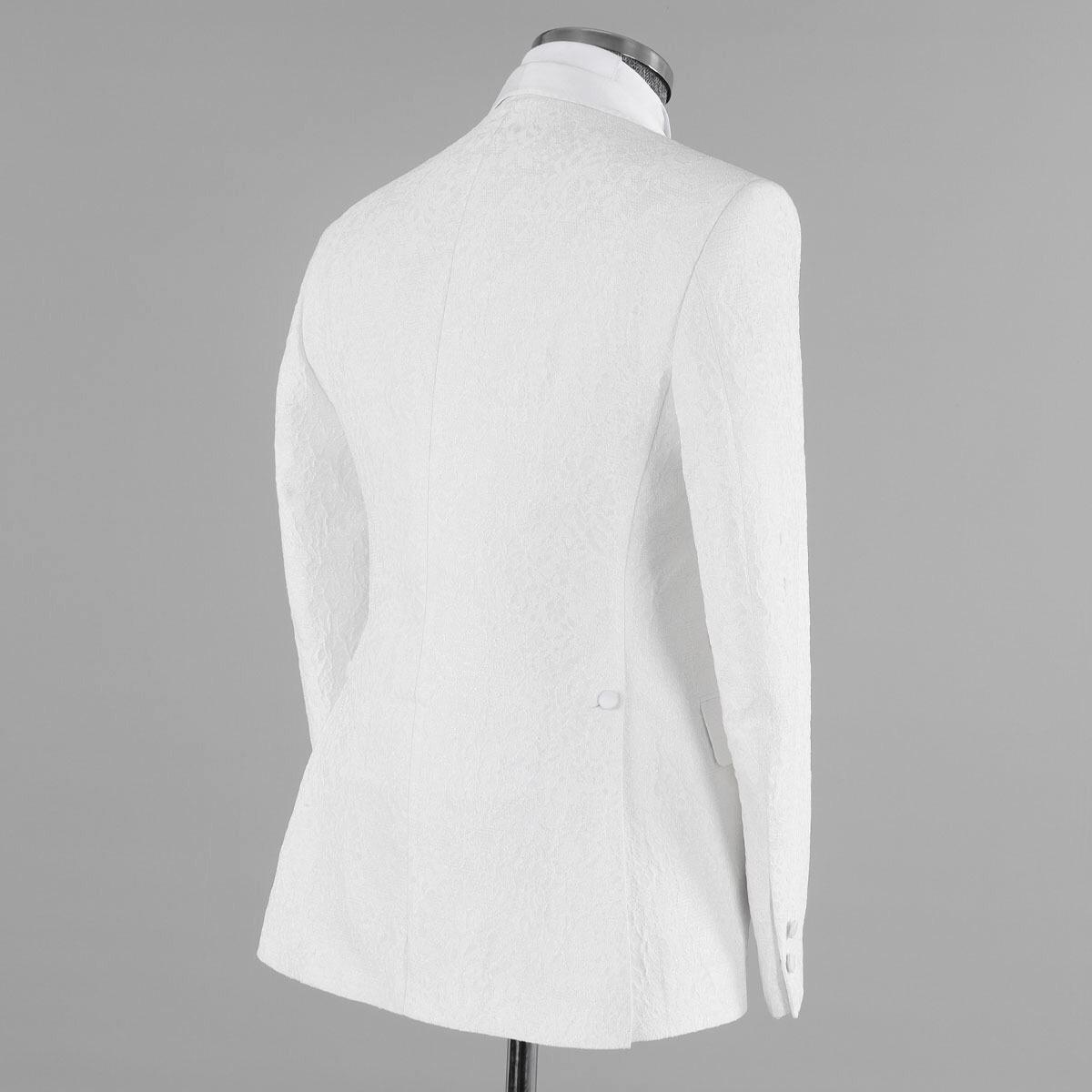 White Jacquard Bespoke Three-Piece Wedding Suit with Shawl Lapel