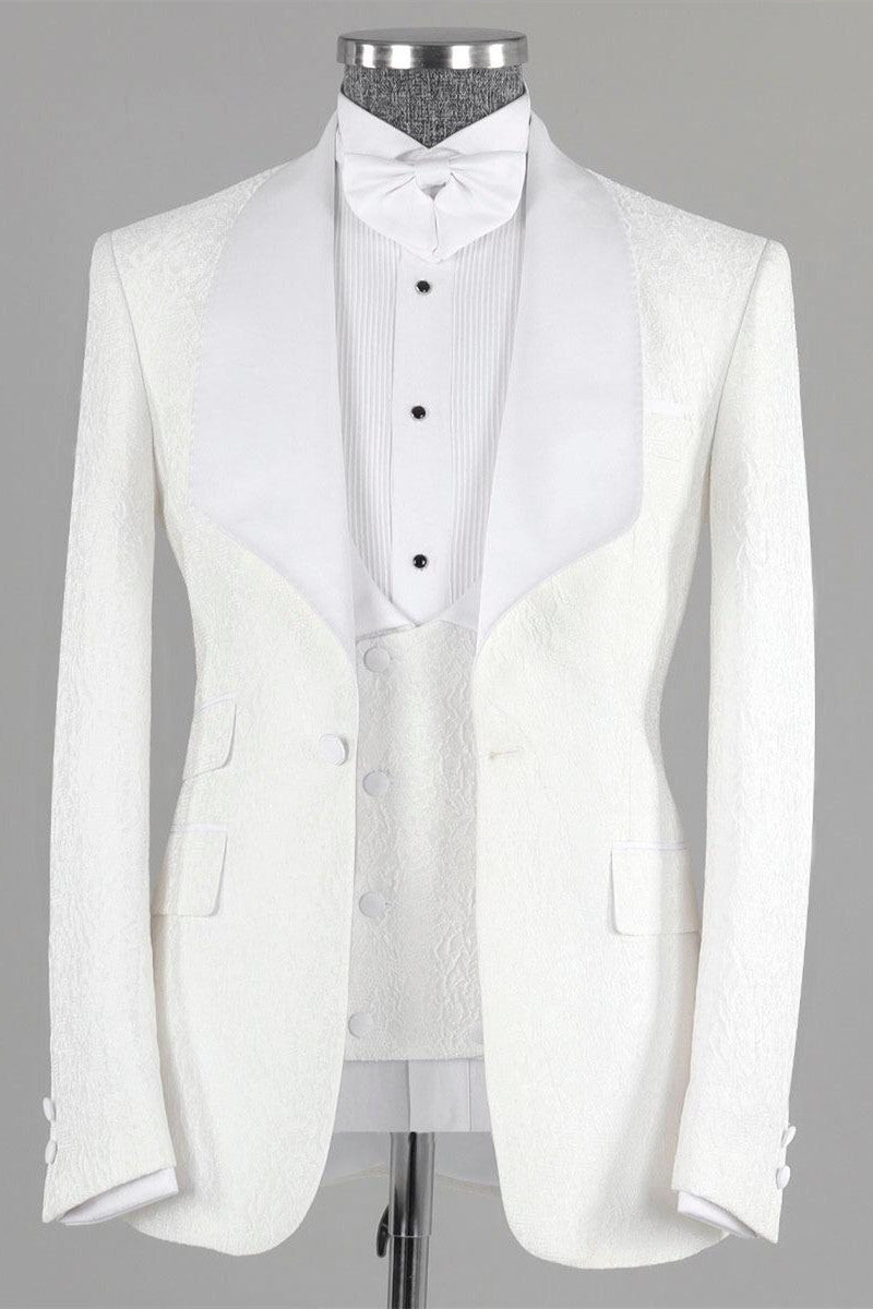 White Jacquard Bespoke Three-Piece Wedding Suit with Shawl Lapel