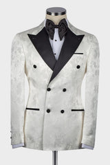 White Jacquard Double-Breasted Wedding Suit with Black Peaked Lapel