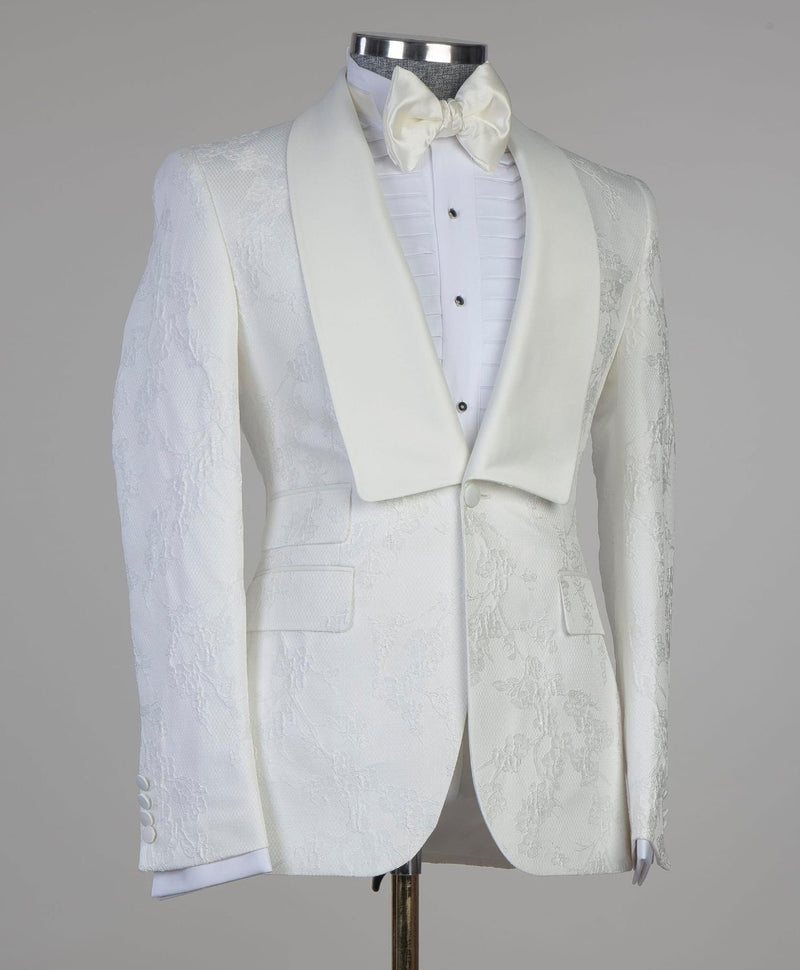 White Jacquard Latest Design Wedding Suit with Shawl Lapel