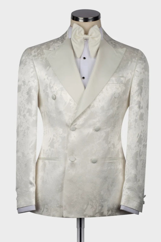 White Jacquard Peaked Lapel Double-Breasted Suit for Men