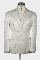White Jacquard Peaked Lapel Double-Breasted Suit for Men