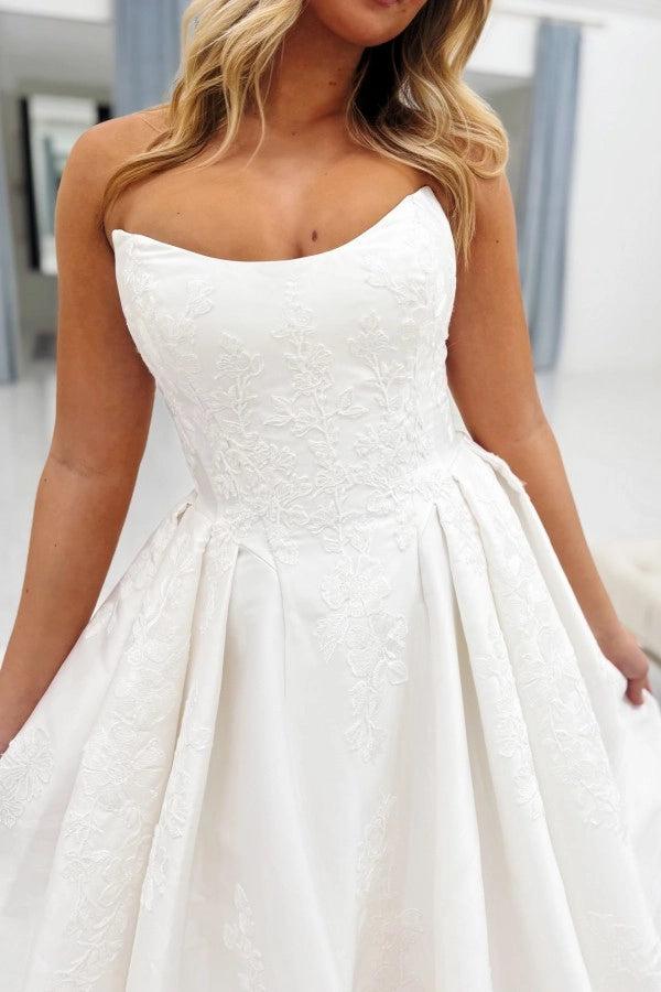 White Jacquard Satin Ball Gown Wedding Dress Strapless Straight Neckline Tone-on-Tone Floral Vine Embroidery Corset Bodice Pearl Button Back Cathedral Train Bridal Gown