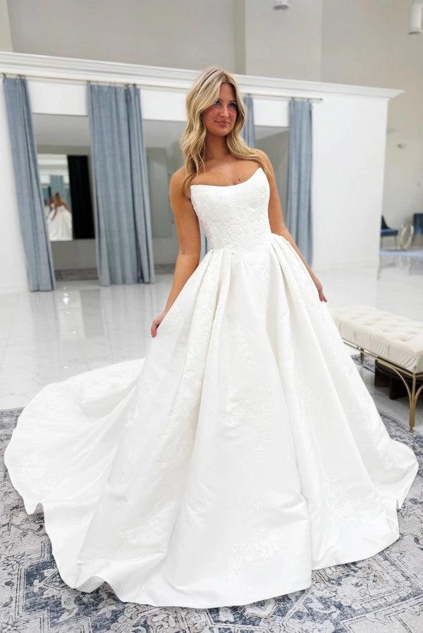 White Jacquard Satin Ball Gown Wedding Dress Strapless Straight Neckline Tone-on-Tone Floral Vine Embroidery Corset Bodice Pearl Button Back Cathedral Train Bridal Gown