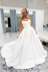 White Jacquard Satin Ball Gown Wedding Dress Strapless Straight Neckline Tone-on-Tone Floral Vine Embroidery Corset Bodice Pearl Button Back Cathedral Train Bridal Gown