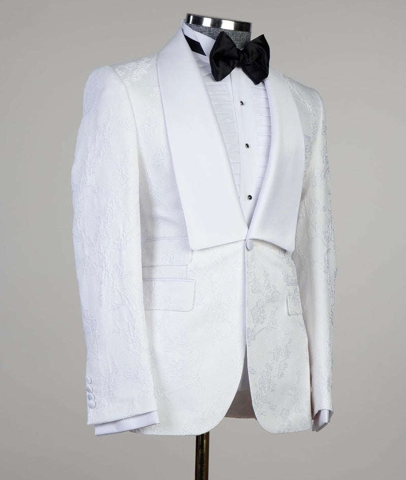 White Jacquard Shawl Lapel Three-Piece Men’s Wedding Suit