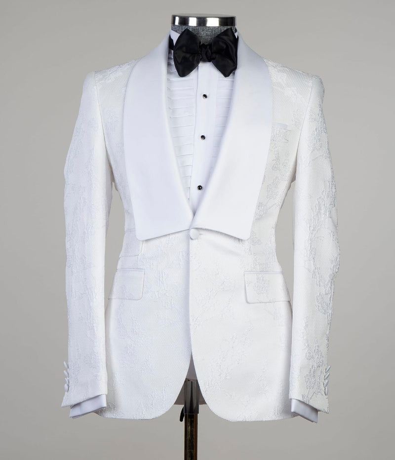 White Jacquard Shawl Lapel Three-Piece Men’s Wedding Suit