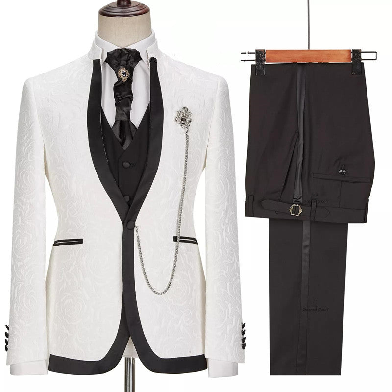 White Jacquard Slim Fit One Button Three-Piece Wedding Suit