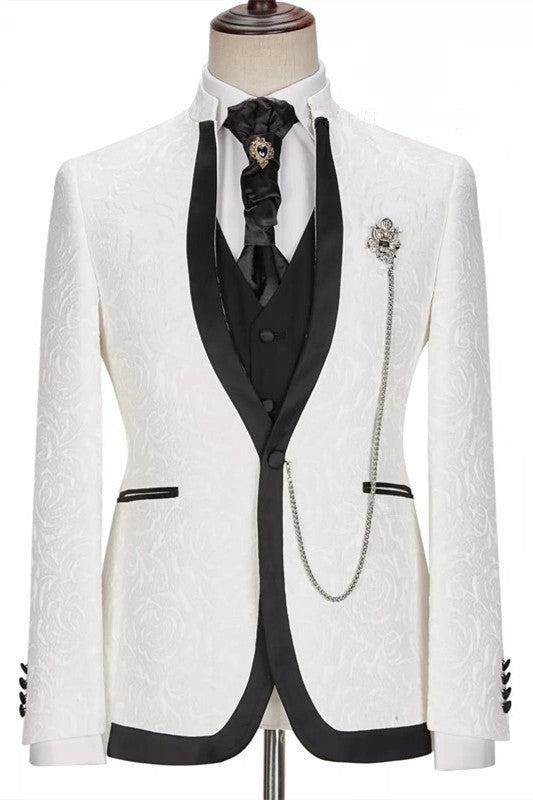 White Jacquard Slim Fit One Button Three-Piece Wedding Suit