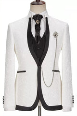 White Jacquard Slim Fit One Button Three-Piece Wedding Suit