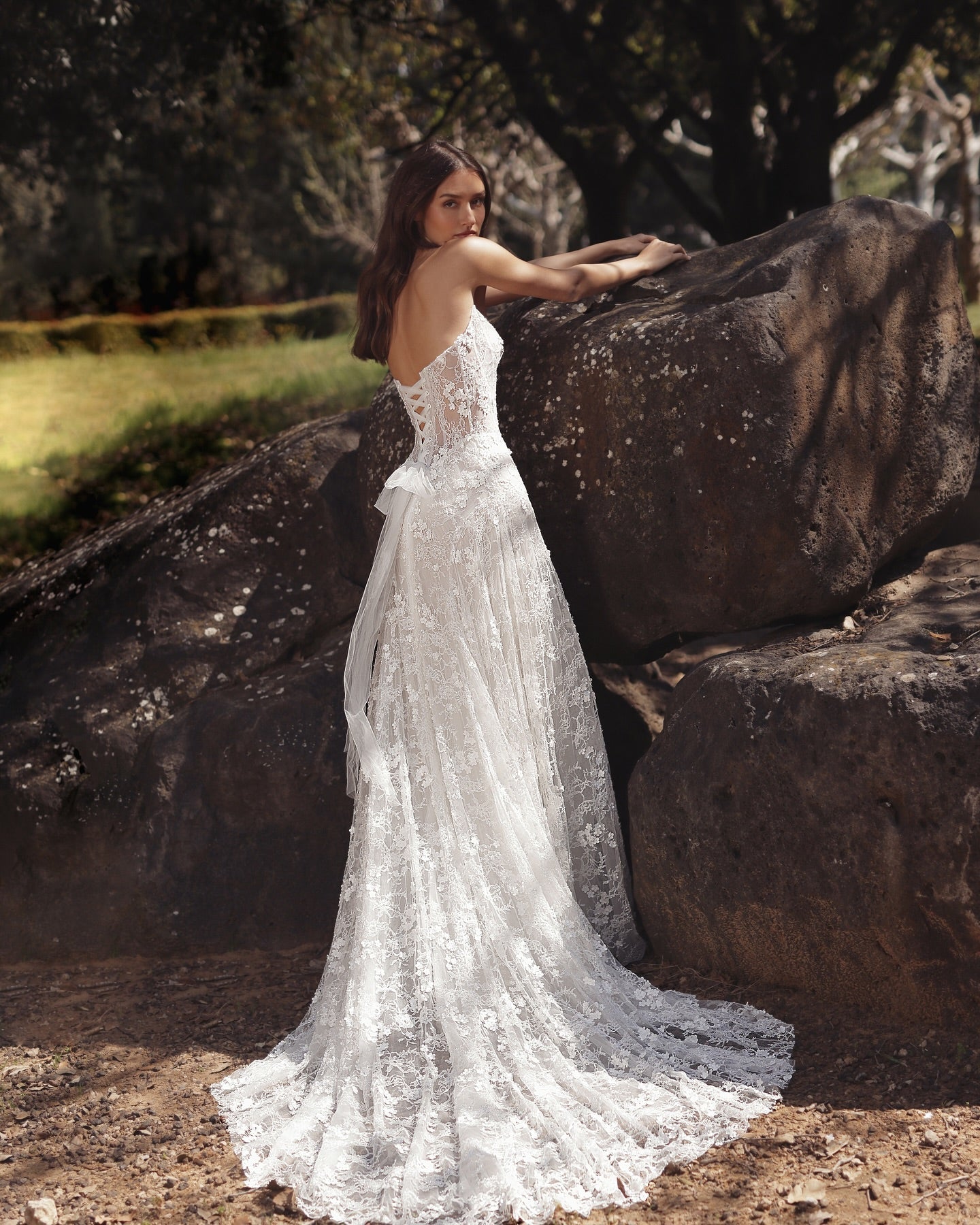 White Lace A-Line Wedding Dress Strapless Straight Neckline Floral Lace Corset Bodice Bow Back Sweep Train Bridal Gown