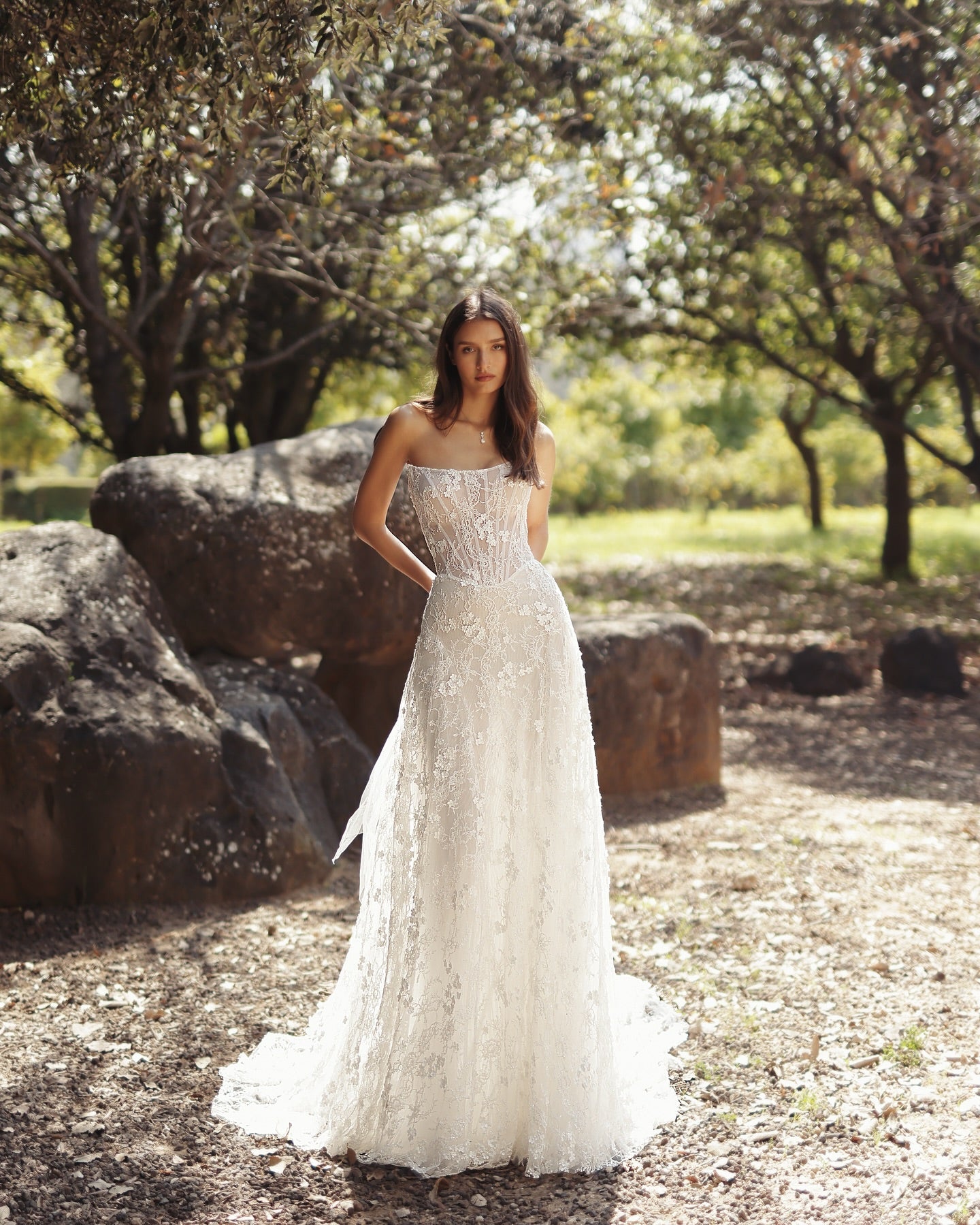 White Lace A-Line Wedding Dress Strapless Straight Neckline Floral Lace Corset Bodice Bow Back Sweep Train Bridal Gown