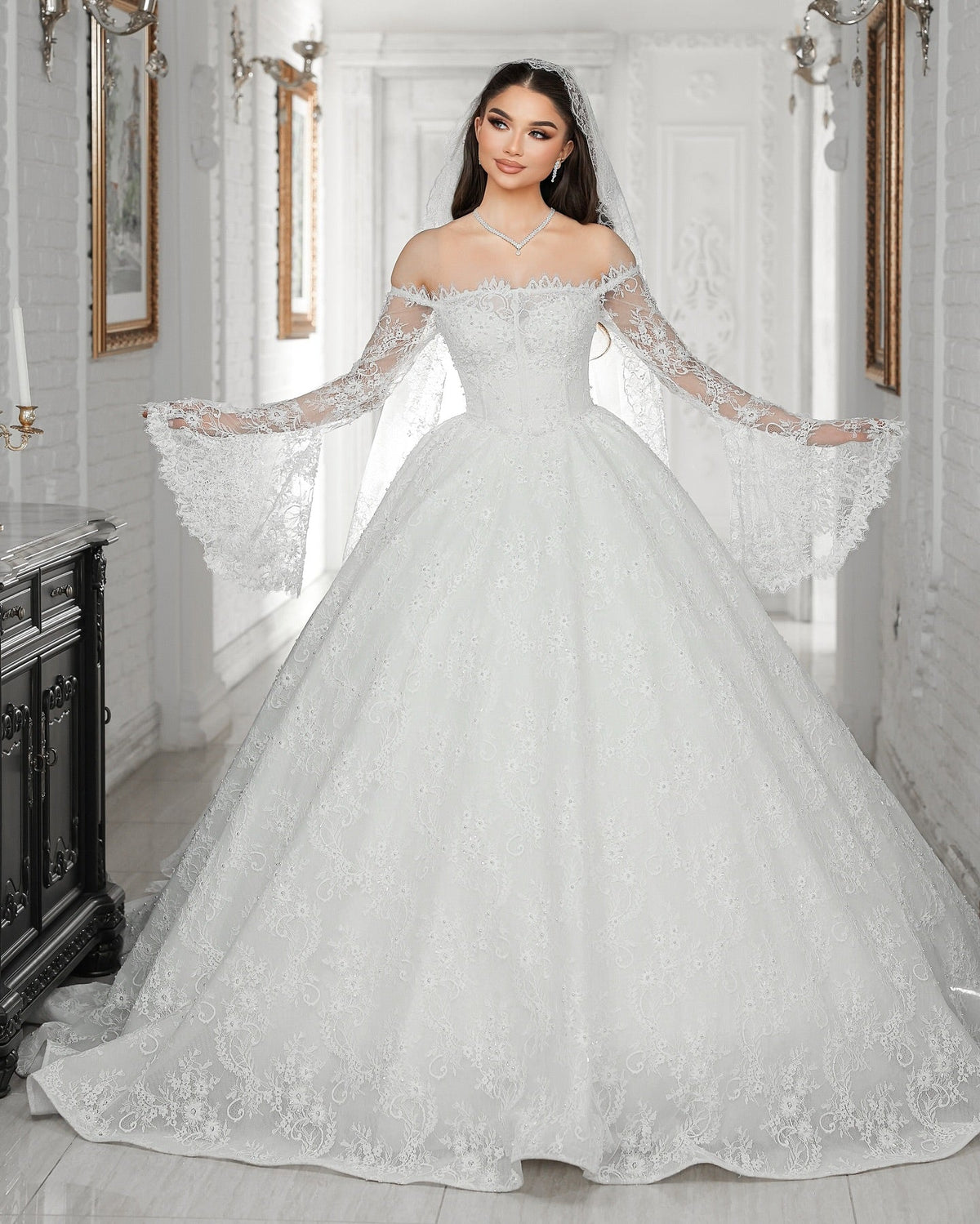 White Lace Ball Gown Wedding Dress Off Shoulder Long Sleeves Pearl Crystal Beading Cathedral Train Bridal Gown