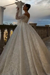 White Lace Ball Gown Wedding Dress Off-the-Shoulder Long Sleeve Glitter Lace Corset Princess Bridal Gown with Cathedral Train