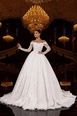 White Lace Ball Gown Wedding Dress Off-the-Shoulder Long Sleeve Glitter Lace Corset Princess Bridal Gown with Cathedral Train