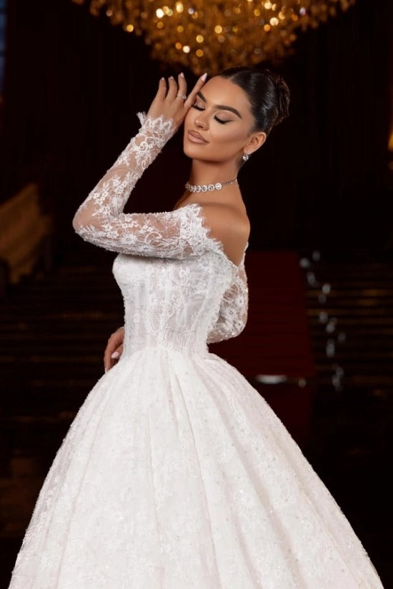 White Lace Ball Gown Wedding Dress Off-the-Shoulder Long Sleeve Glitter Lace Corset Princess Bridal Gown with Cathedral Train