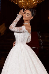 White Lace Ball Gown Wedding Dress Off-the-Shoulder Long Sleeve Glitter Lace Corset Princess Bridal Gown with Cathedral Train