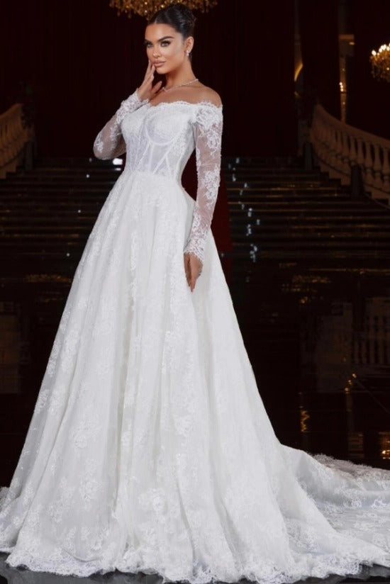 White Lace Ball Gown Wedding Dress Off-the-Shoulder Long Sleeve Glitter Lace Corset Princess Bridal Gown with Cathedral Train