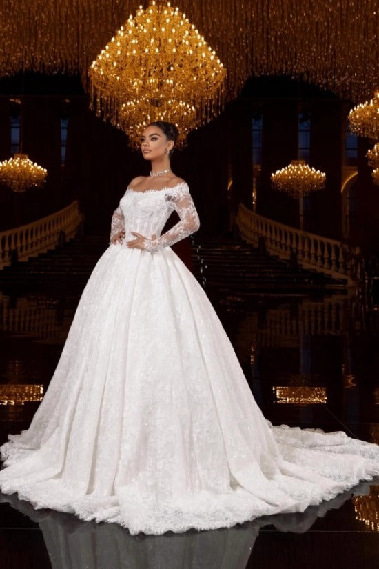 White Lace Ball Gown Wedding Dress Off-the-Shoulder Long Sleeve Glitter Lace Corset Princess Bridal Gown with Cathedral Train