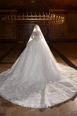White Lace Ball Gown Wedding Dress Off-the-Shoulder Long Sleeves Sequin Embroidery Corset Bridal Gown with Cathedral Train