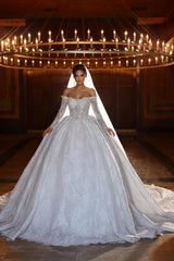 White Lace Ball Gown Wedding Dress Off-the-Shoulder Long Sleeves Sequin Embroidery Corset Bridal Gown with Cathedral Train