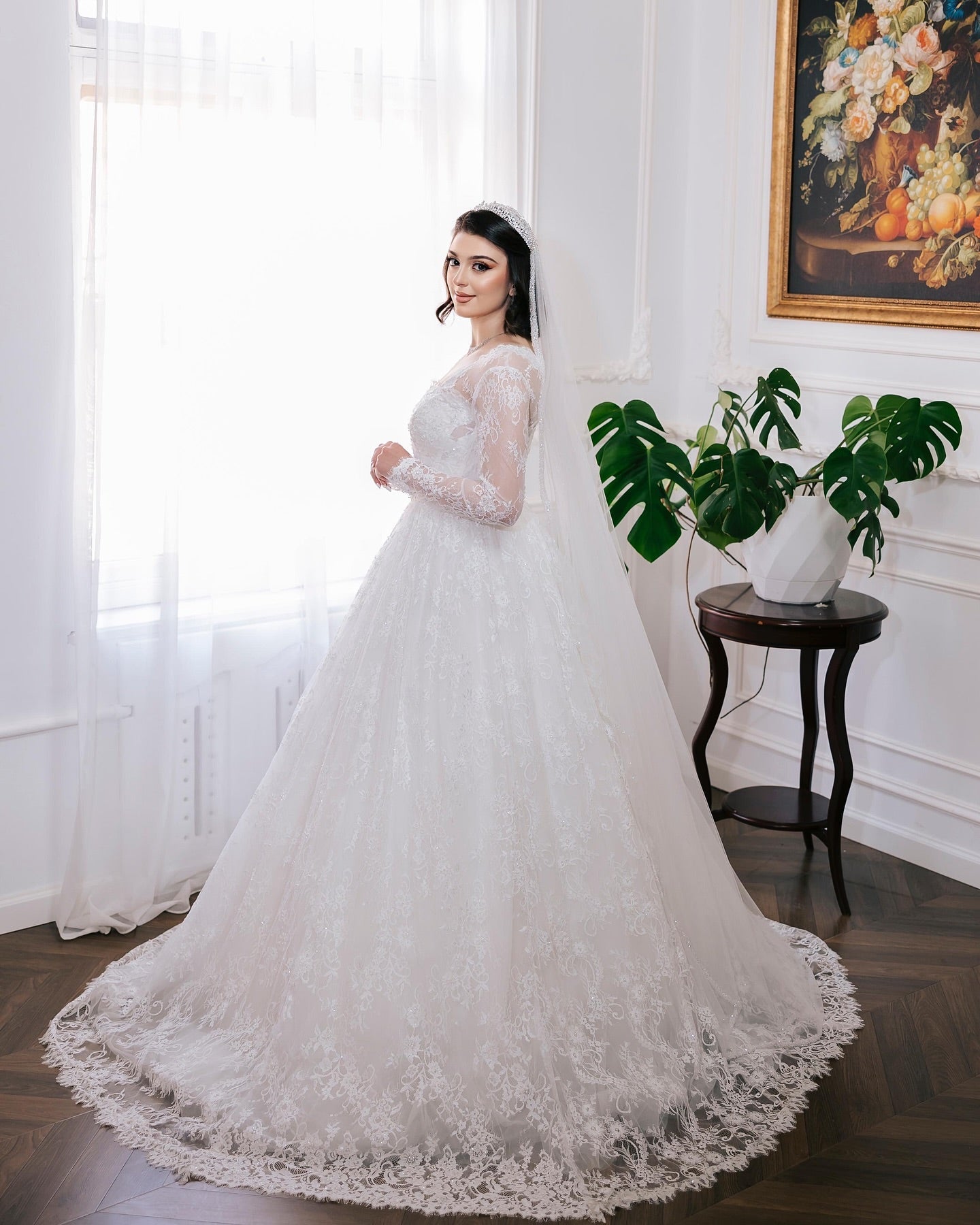 White Lace Ball Gown Wedding Dress Sweetheart Sheer Long Sleeves Floral Lace Appliqué Beading Cathedral Train Bridal Gown